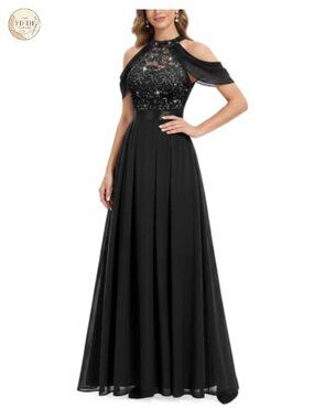 Lace Sequin Chiffon Bridesmaid Maxi Dress Cowl Neck Halter Sleeveless Formal